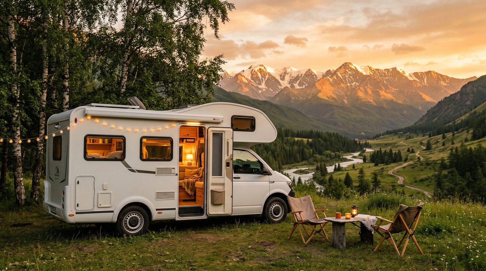 Автодом на стоянке в горах Алтая