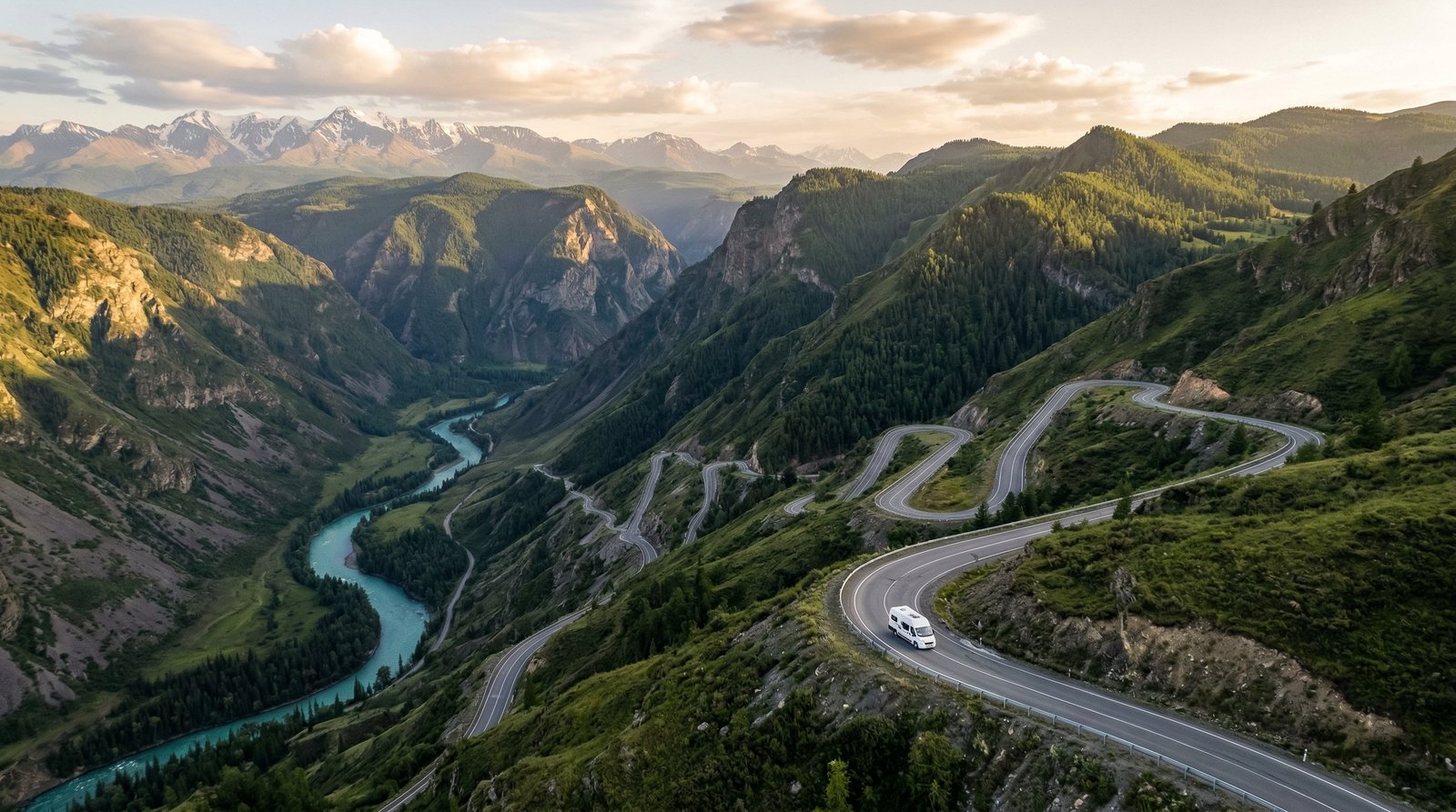 Автодом на горном серпантине Алтая